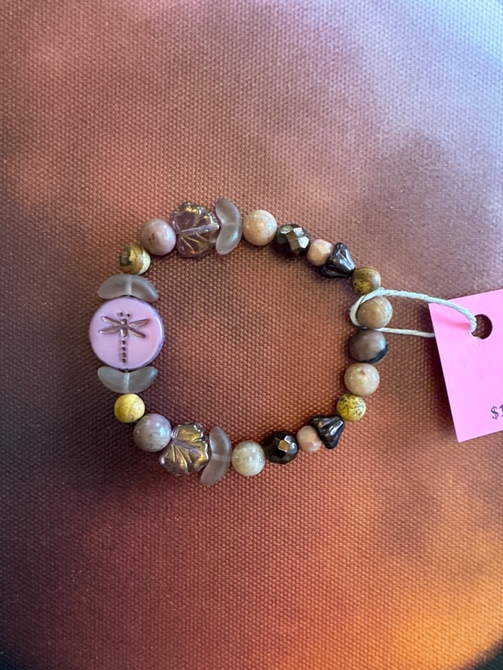 Pink Dragonfly Rhodonite and Jasper Beaded Stretch Bracelet